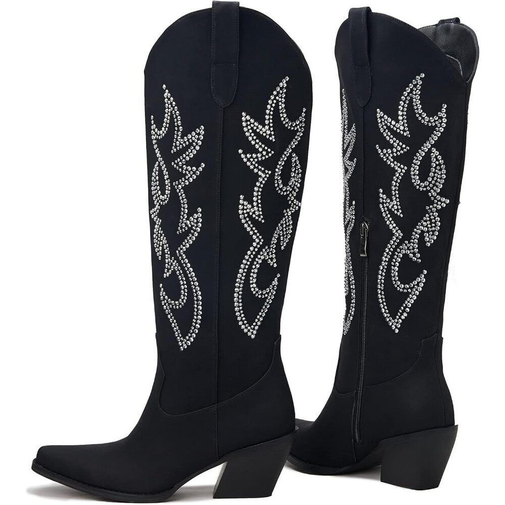 Women Faux Leather Black & Rhinestone Knee High Pointed Toe Chunky Heel Boot - Picture 4 of 5